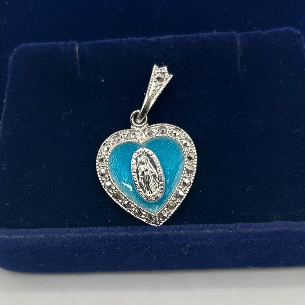 Ann Gale Sterling Blue Enamel Miraculous Metal Heart Pendant​